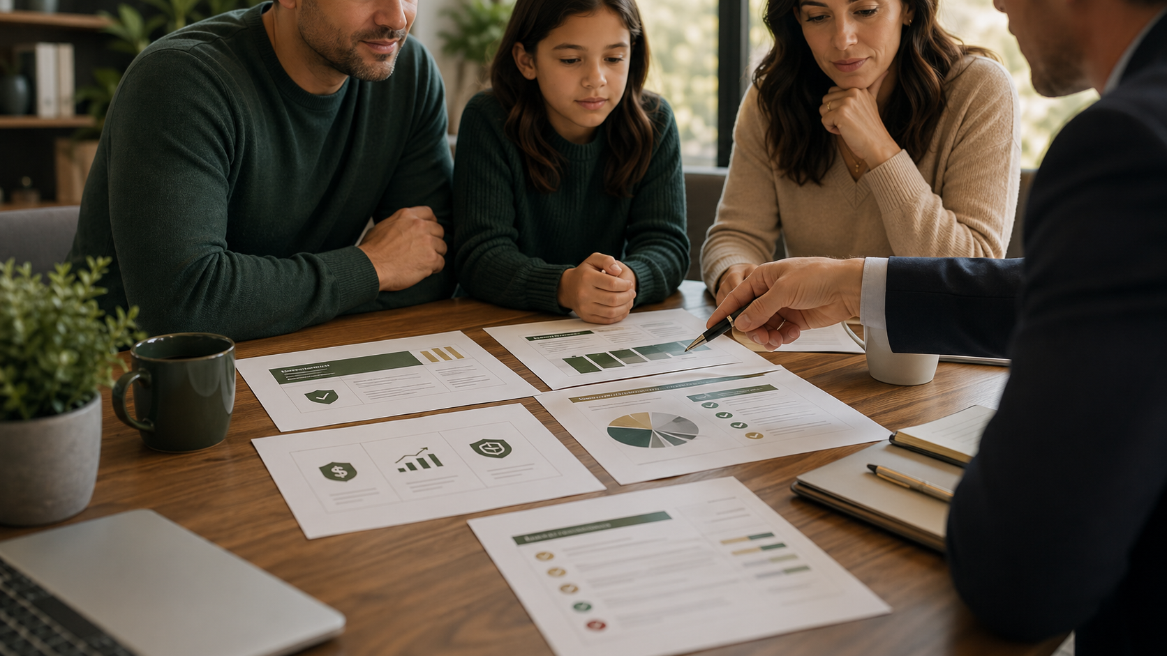 Family reviewing gap analysis documents with a financial advisor